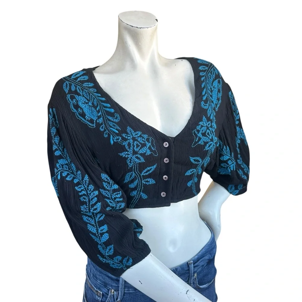 Free People Black Blue Gauze Embroidered Fairy Puff Sleeve Button Down Crop Top